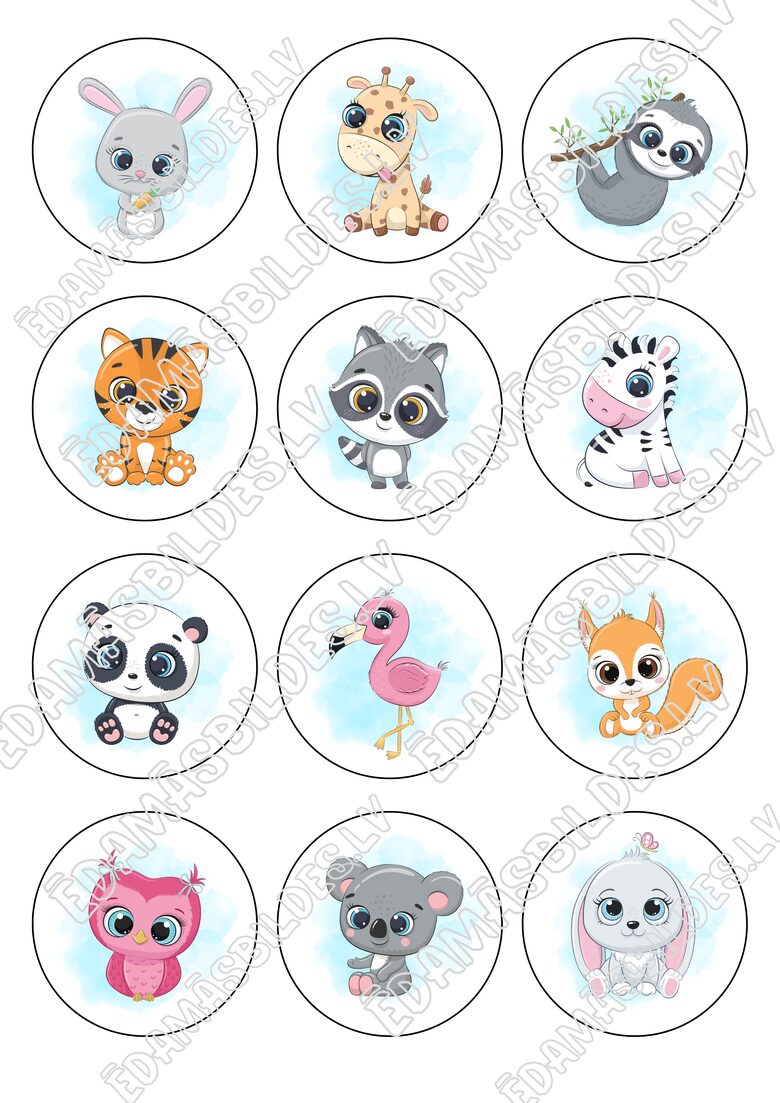 Cukura papīrs ar apdruku "Jautrie dzīvnieciņi" kapkeiku aplīši 6 cm